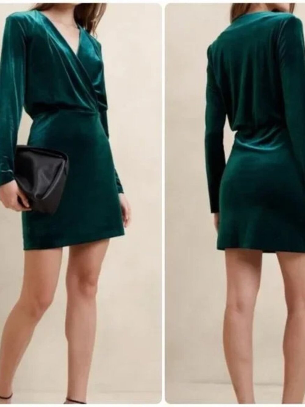 Banana Republic emerald dark green velvet long sleeve wrap cocktail dress